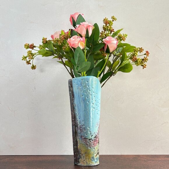 Studio Pottery Vase 8", Blue Yellow Pierced Ceramic - Picture 2 of 9